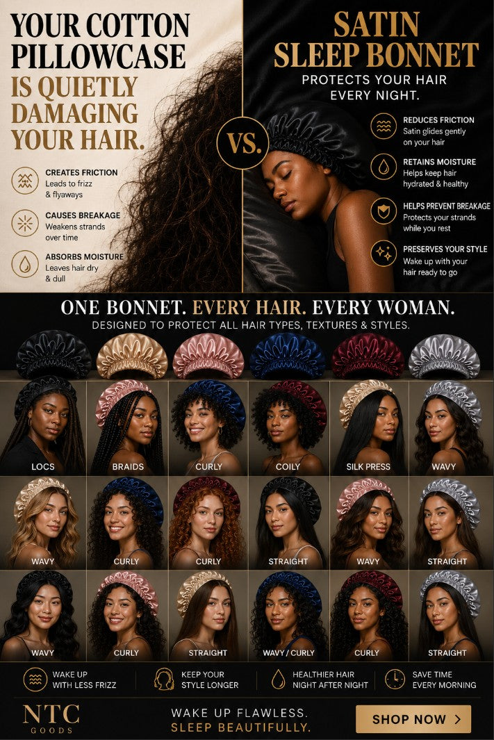NTC Goods Satin Sleep Bonnet vs cotton pillowcase comparison - reduces friction, retains moisture, prevents breakage, and preserves your style. One bonnet for every hair type, every woman.