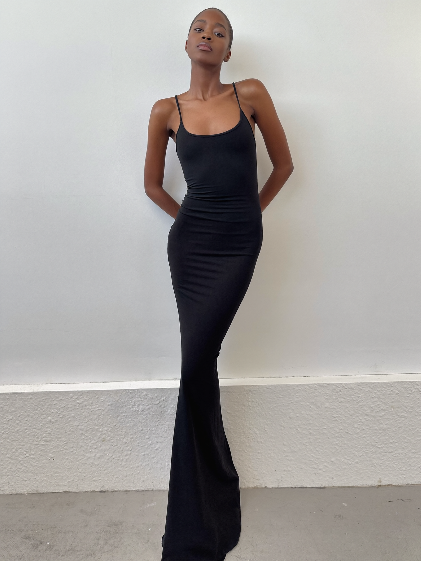 Black satin slip maxi dress, full body angle