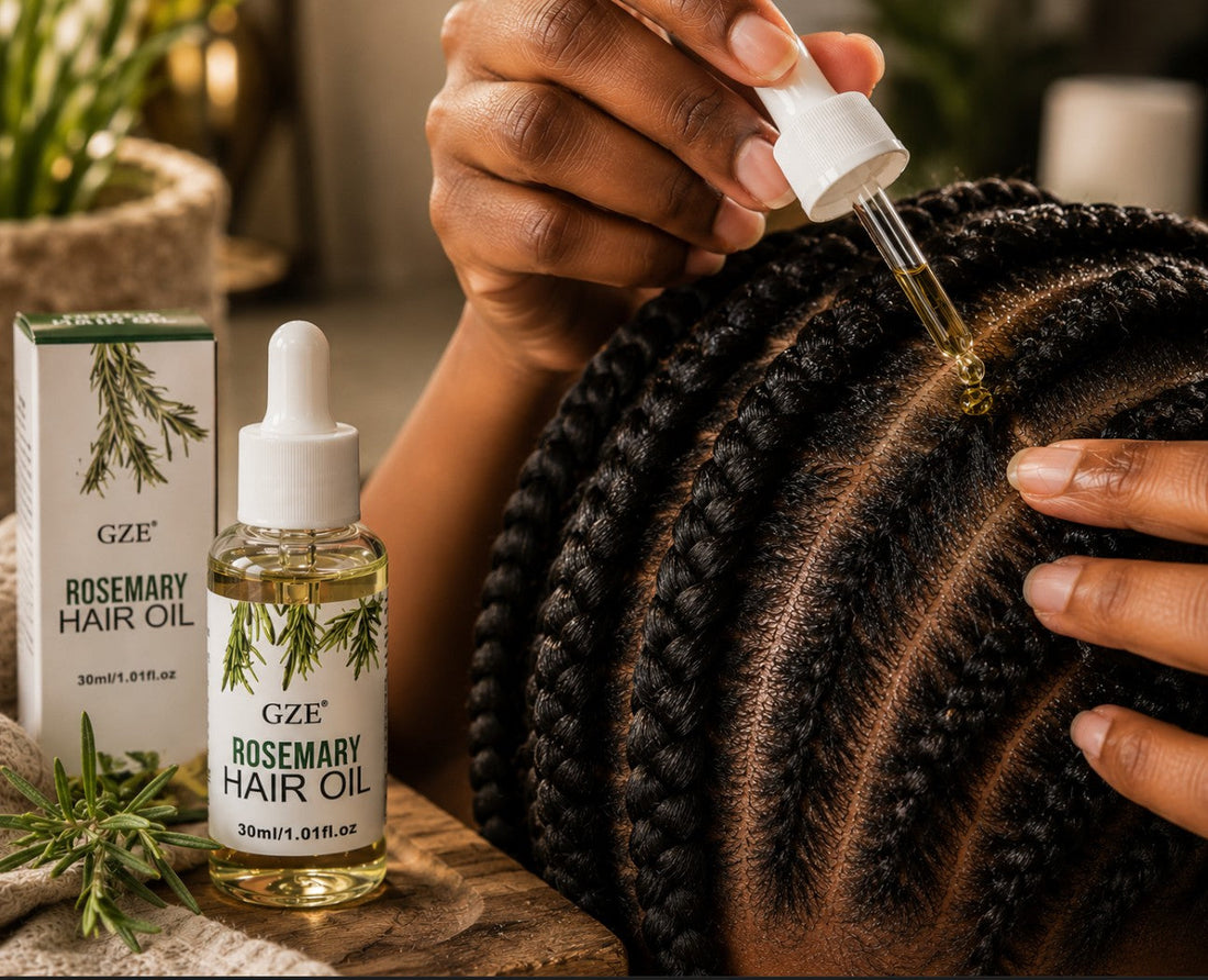 Rosemary scalp hair oil applied to long healthy hair