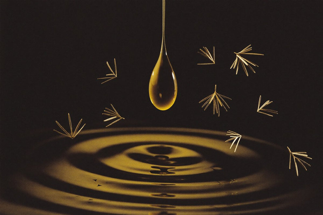 Amber oil droplet with rosemary needles — hair oiling guide