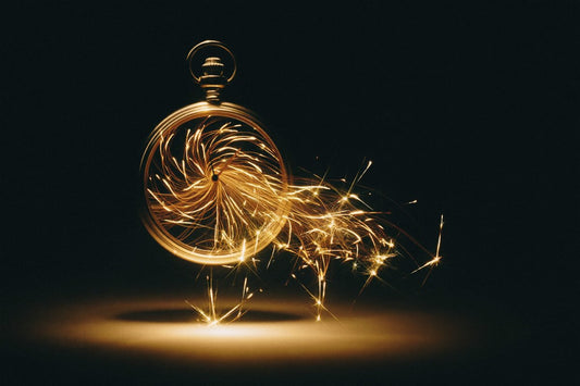 Pocket watch dissolving into gold sparks — ADHD and sleep
