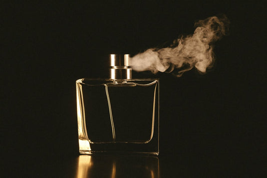 Gold perfume bottle with mist on black — EDP vs EDT vs parfum
