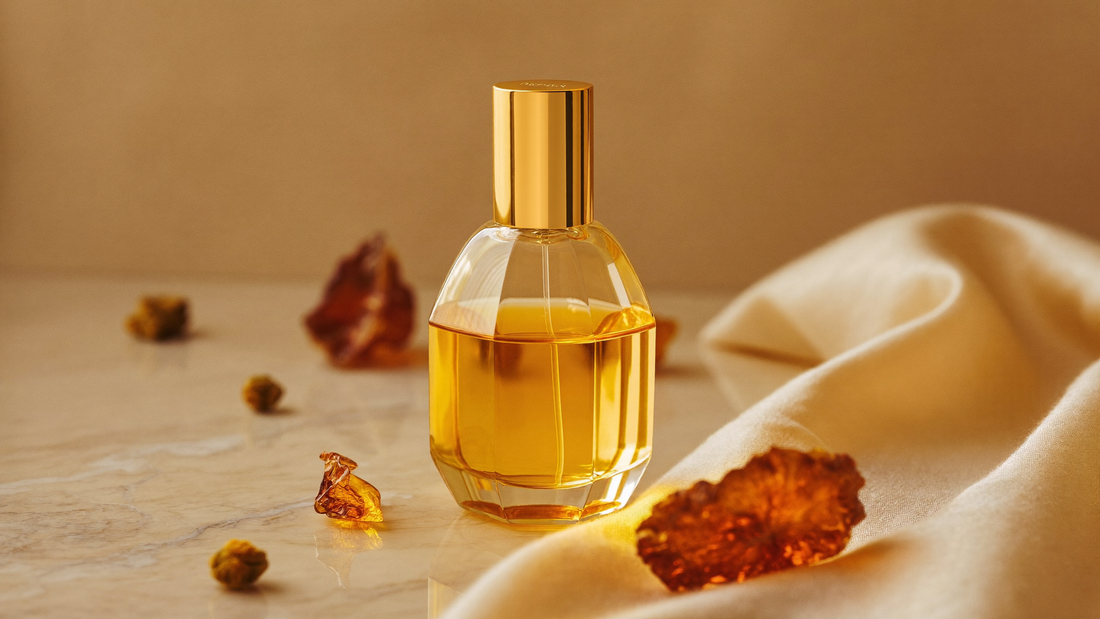 Faceted amber-glass eau de parfum bottle with a gold cap glowing in warm golden light beside draped silk and amber resin on cream marble