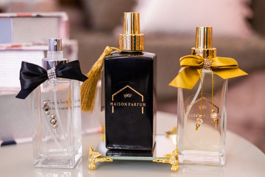 Elegant luxury perfume bottles on display
