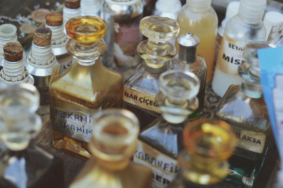 Collection of glass perfume bottles in close-up