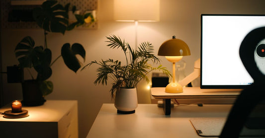 A calm, warm home workspace with soft lamp light, a clean desk, and green plants