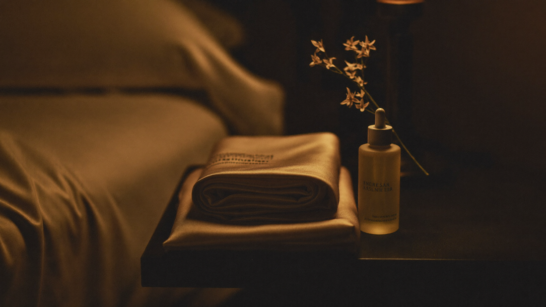 Folded champagne satin fabric, a frosted dropper bottle of hair oil, and a dried botanical on a dark bedside table in warm nighttime light