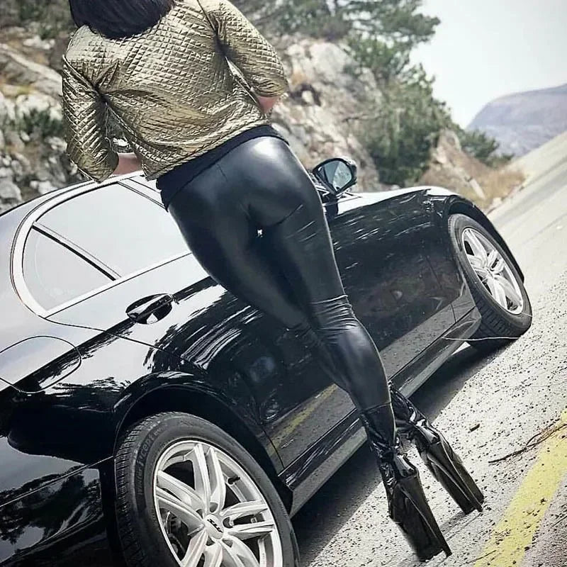 Black PU Leather Tights - High Waist