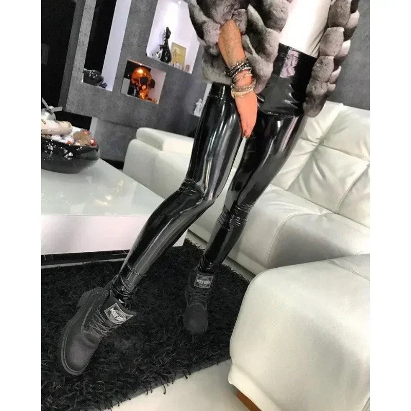 Black PU Leather Tights - High Waist