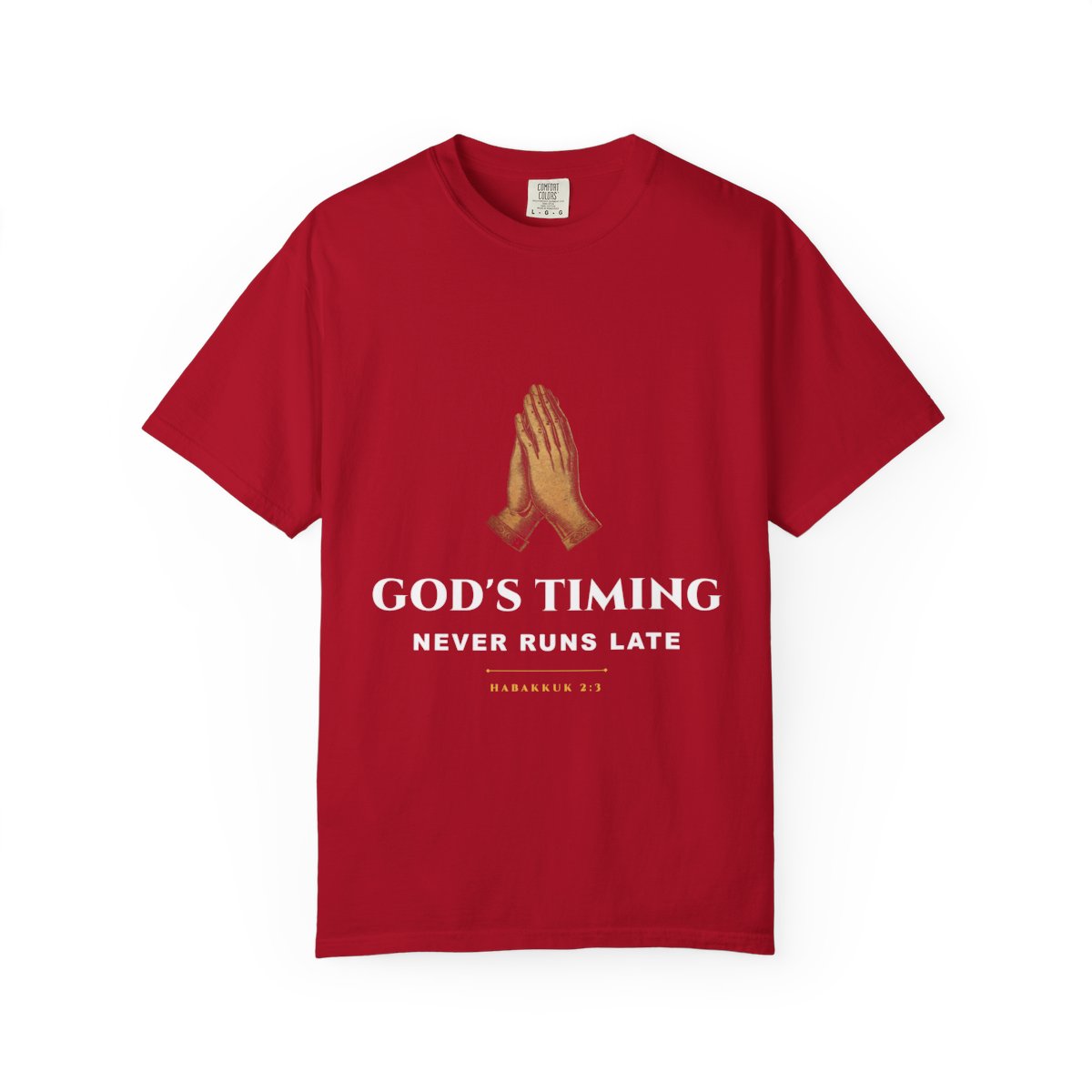 God's Timing praying hands front, red