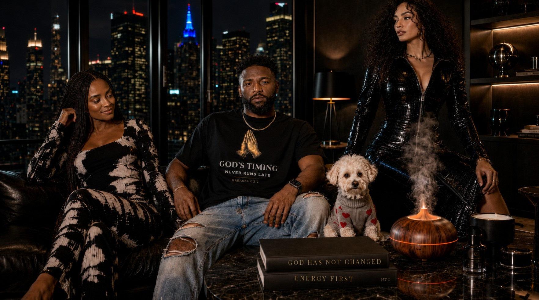 NTC Goods — penthouse night scene: couple and friends in NTC faith apparel with NTC books and aroma diffuser, NYC skyline